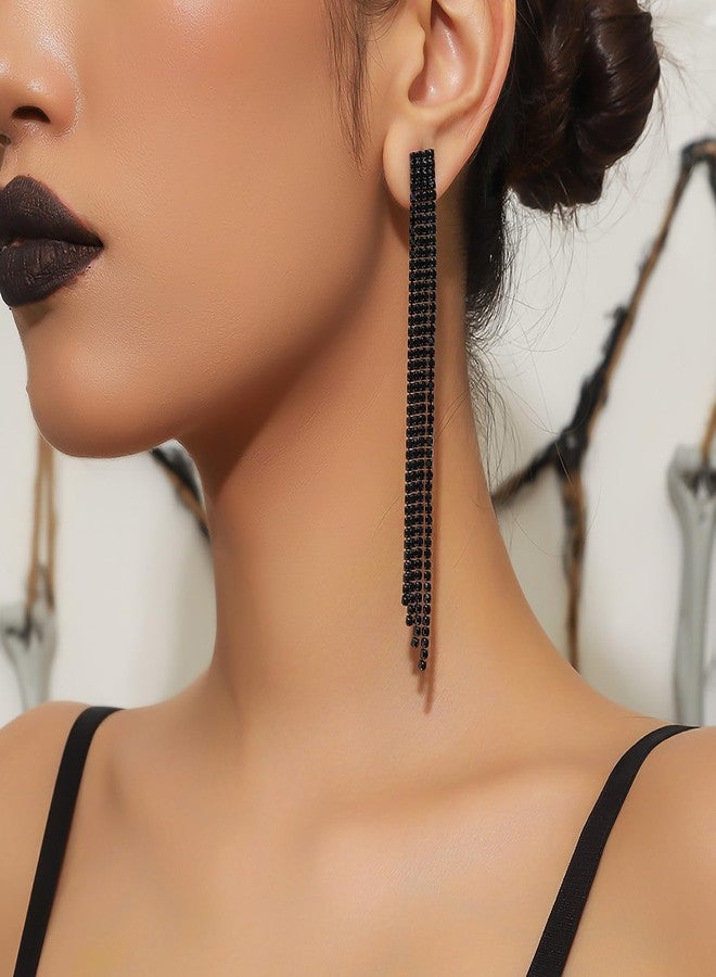 Mintolex Crystal Tassel Earrings for Women Sparkling Long Rhinestone Crystal Setting Fringe Earring Dangling Waterfall Chandelier Drop Dangle Earrings Ladies Jewelry Gifts for Party Prom Statement Wedding Bridal, Extra Long Black - Image 3